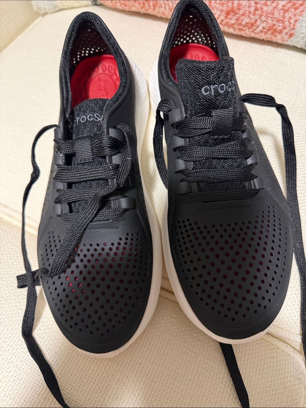 CROCS Black Athletic Lace-Up Sneakers with White Soles and Red Insoles